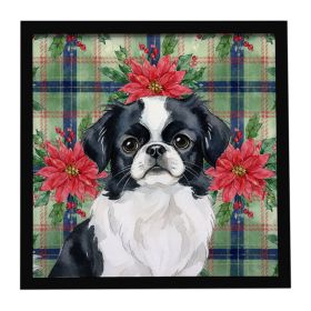 Black and White Japanese Chin Christmas PoinsettIas Framed Metal Print Bathroom, Kitchen, Office, Home Decor Wall Art Ready to Hang, Square, 8X8