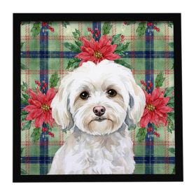 White Havanese Christmas PoinsettIas Framed Metal Print Bathroom, Kitchen, Office, Home Decor Wall Art Ready to Hang, Square, 8X8