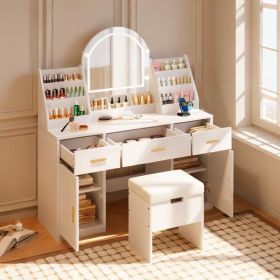 47.2" Makeup Vanity with Mirror and Light, Vanity Desk with Cushioned Storage Stool, Dressing Table with Two Organizers