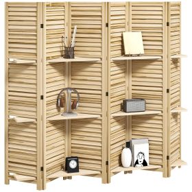 HOMCOM 6 Panel 67" Tall Wood Privacy Screen Room Divider with 3 Shelves and Folding Storage for Bedroom, Natural Wood