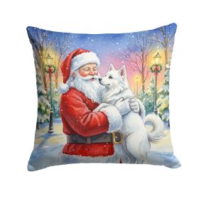American Eskimo with Santa Claus Throw Pillow Decorative Indoor Outdoor Accent Cushion for Couch, Bed or Patio, 14Hx14W