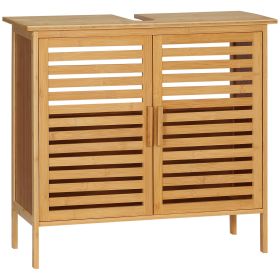 kleankin Freestanding Bathroom Sink Cabinet, Bamboo Under Sink Cabinet Cupboard Organizer with 2 Slatted Doors, Natural