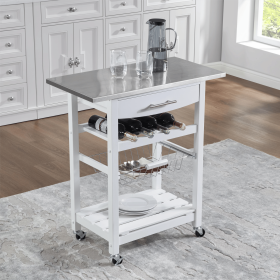 Mobile Rolling Kitchen Island Trolley Serving Cart with Underneath Drawer & Slide-Out Wire Storage Basket