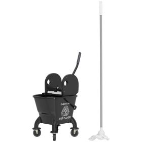 Mop Bucket With Wringer On Wheels For Floor Cleaning, 27.5 Quart Down Press Wringer With Handle And Mop, Black (Color: Black)