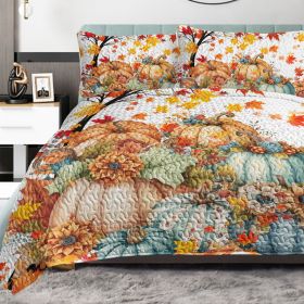 3 Pieces Colorful Oil Painting Pumpkin Pattern Quilt Set Twin Full Queen King Size For All Seasons Flower Fall Leaves Bedding Set With 2 Pillowca (Option: King-Orange)