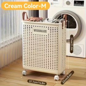 Collapsible Laundry Basket with Wheels, Medium-Large White Ceramic Look Hamper with Faux Leather Handles (Color: Cream, size: M)