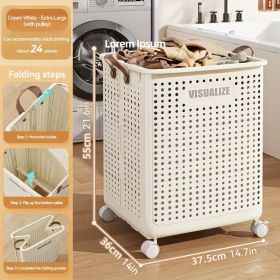 Collapsible Laundry Basket with Wheels, Medium-Large White Ceramic Look Hamper with Faux Leather Handles (Color: Cream, size: XL)