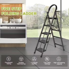 5 Step Ladder with Anti-Slip Pedals, Foldable Steel Step Stool with Tool Tray, 300LBS Capacity Portable Ladder for Home, Kitchen, Library, Office (size: 5-Step)